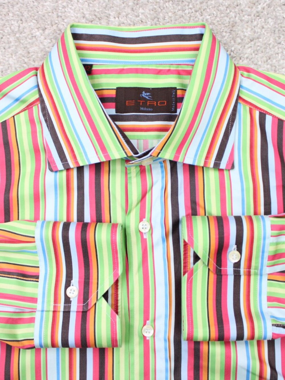 ETRO Milano Shirt Mens 40, Medium Multicolor Striped Long Sleeve Button